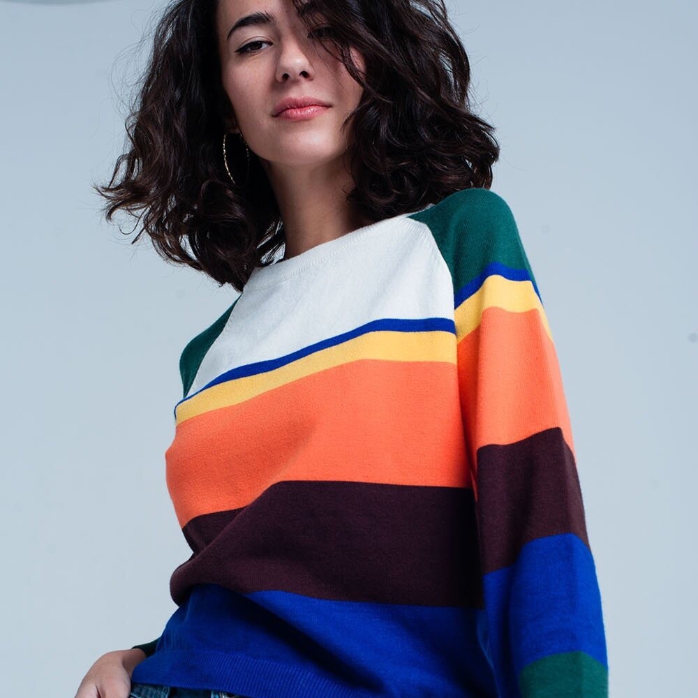Blue Multi Colored Striped Sweater